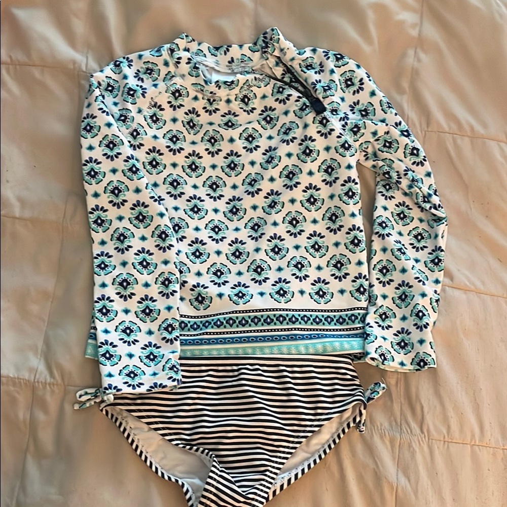 Floral Long Sleeve Rash Guard with Striped Bottoms
